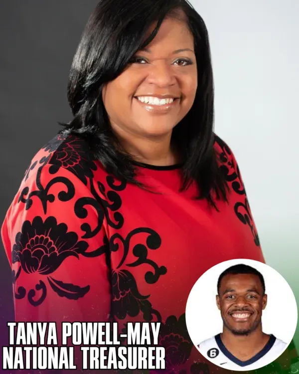Tanya Powell-May, National Treasurer, smiles in red top, with inset photo of a basketball player.