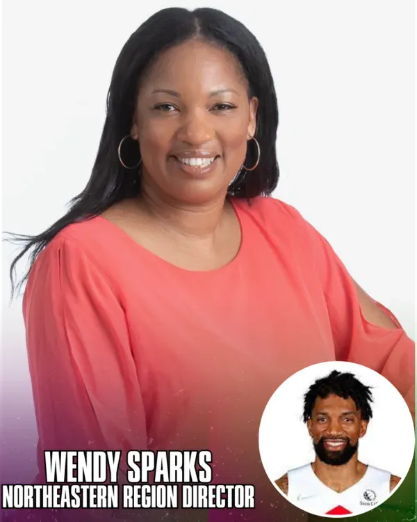 Wendy Sparks, Northeastern Region Director, smiling, coral top. Inset: Basketball player.