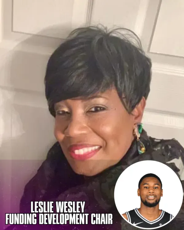 Smiling woman, Leslie Wesley, with the title “Funding Development Chair” and a small inset of a man.