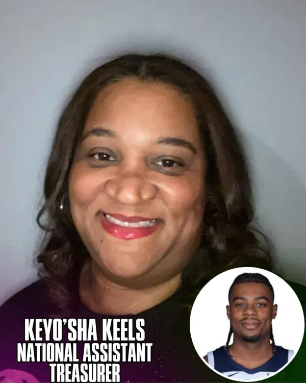 Keyo'Sha Keels smiles. National Assistant Treasurer with photo insert of a man.