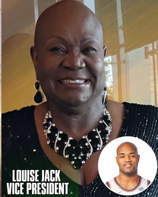 Louise Jack, Vice President, smiling, wearing jewelry; inset photo of a man in basketball jersey.
