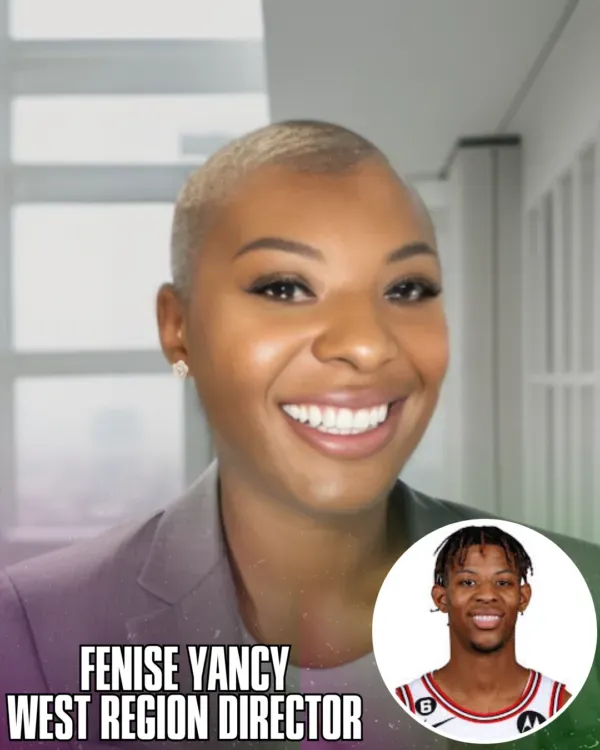 Fenise Yancy smiling, West Region Director. Small inset of basketball player.