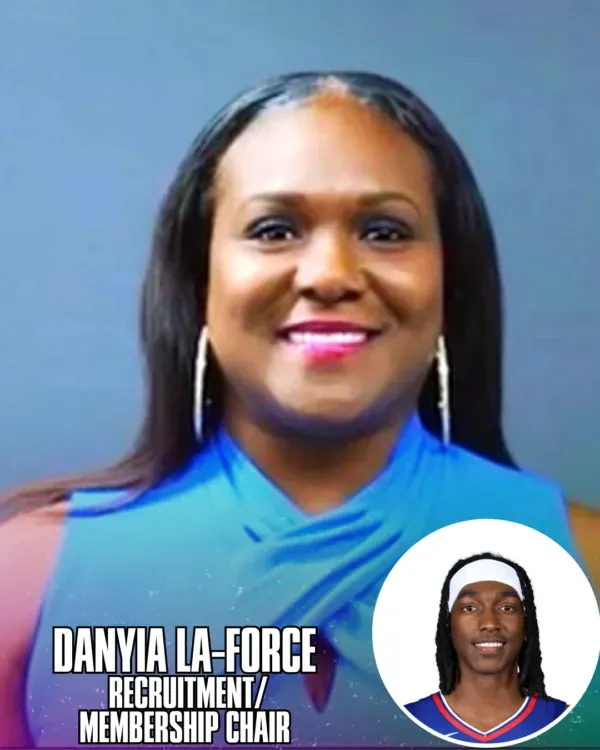 Danyia La-Force, Recruitment/Membership Chair, smiles in blue; inset image of a basketball player.