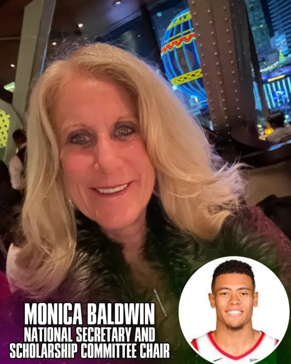 Monica Baldwin smiling in a restaurant, with inset photo of a young man. Baldwin is National Secretary.