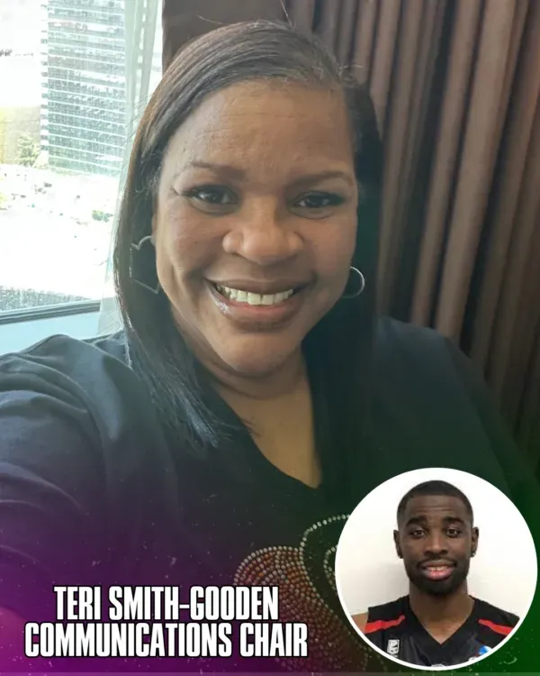 Teri Smith-Gooden, Communications Chair, smiles. A small inset photo shows a man with a serious expression.