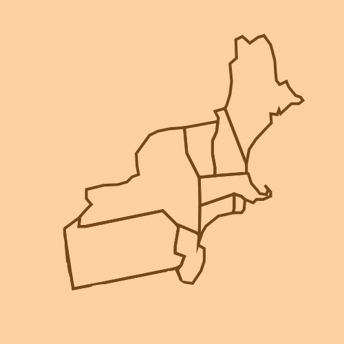 Outline of the Northeastern United States, in brown on an orange background.