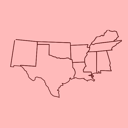 Map of southeastern United States with outlines in dark red on a pink background.