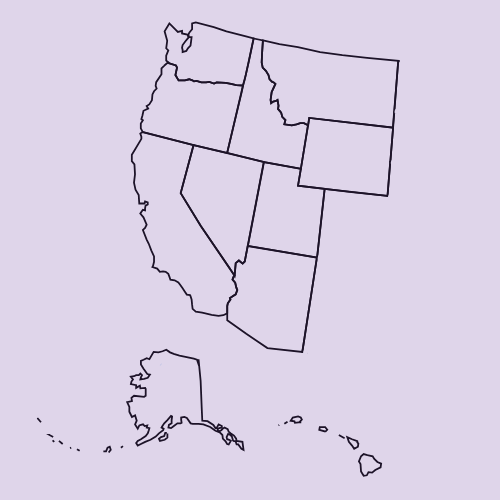 Map of the Western United States, including Alaska and Hawaii, outlined in white against a lavender background.