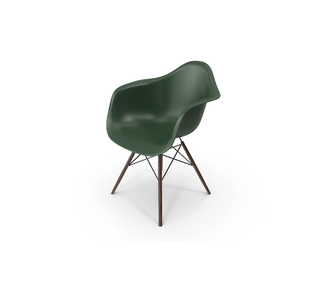 Green molded plastic chair with dark wooden legs, isolated on white.