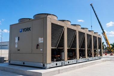 Large York industrial HVAC unit on a rooftop with a crane in the background