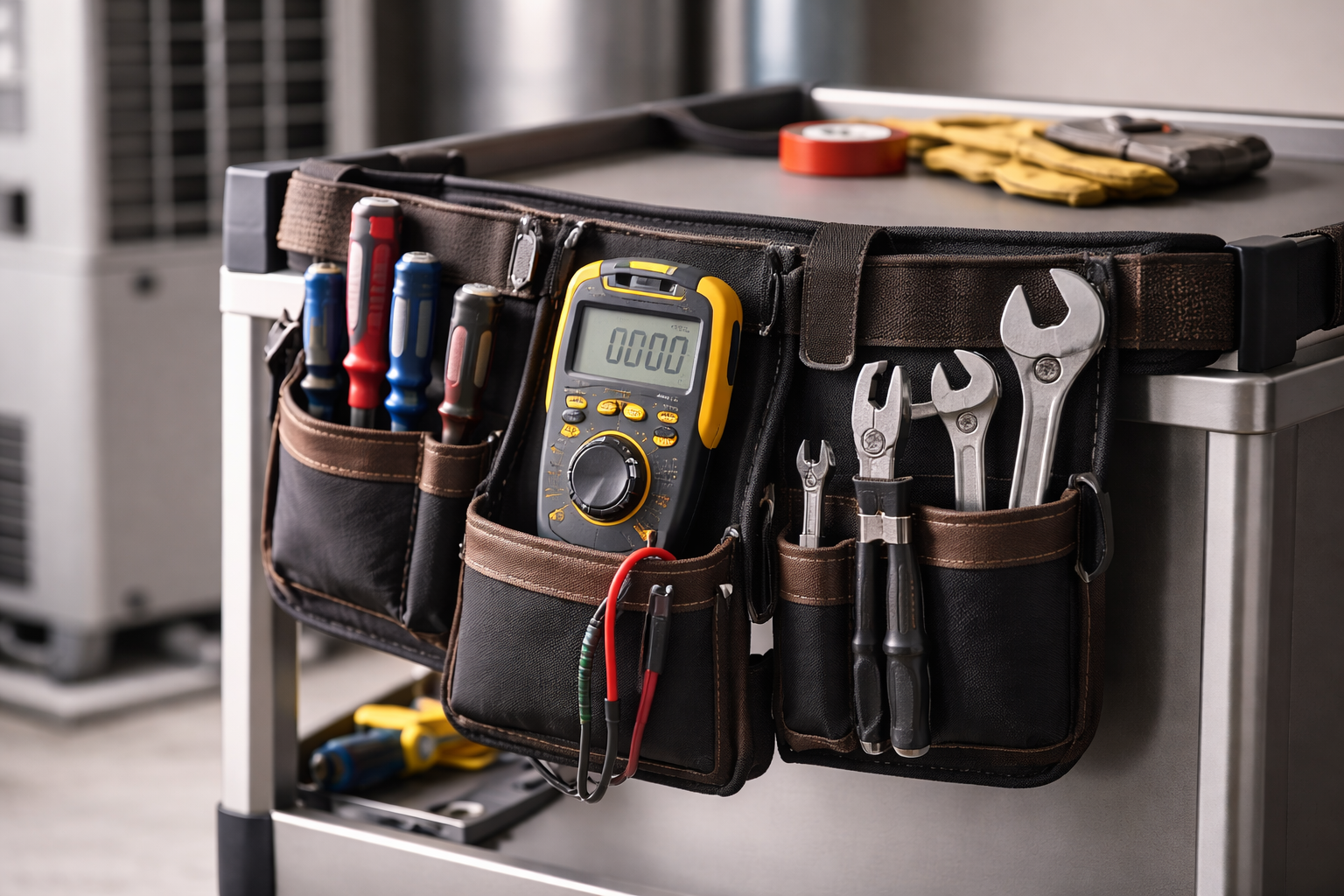 Black tool bag with hand tools and a multimeter hanging on a workbench shelf