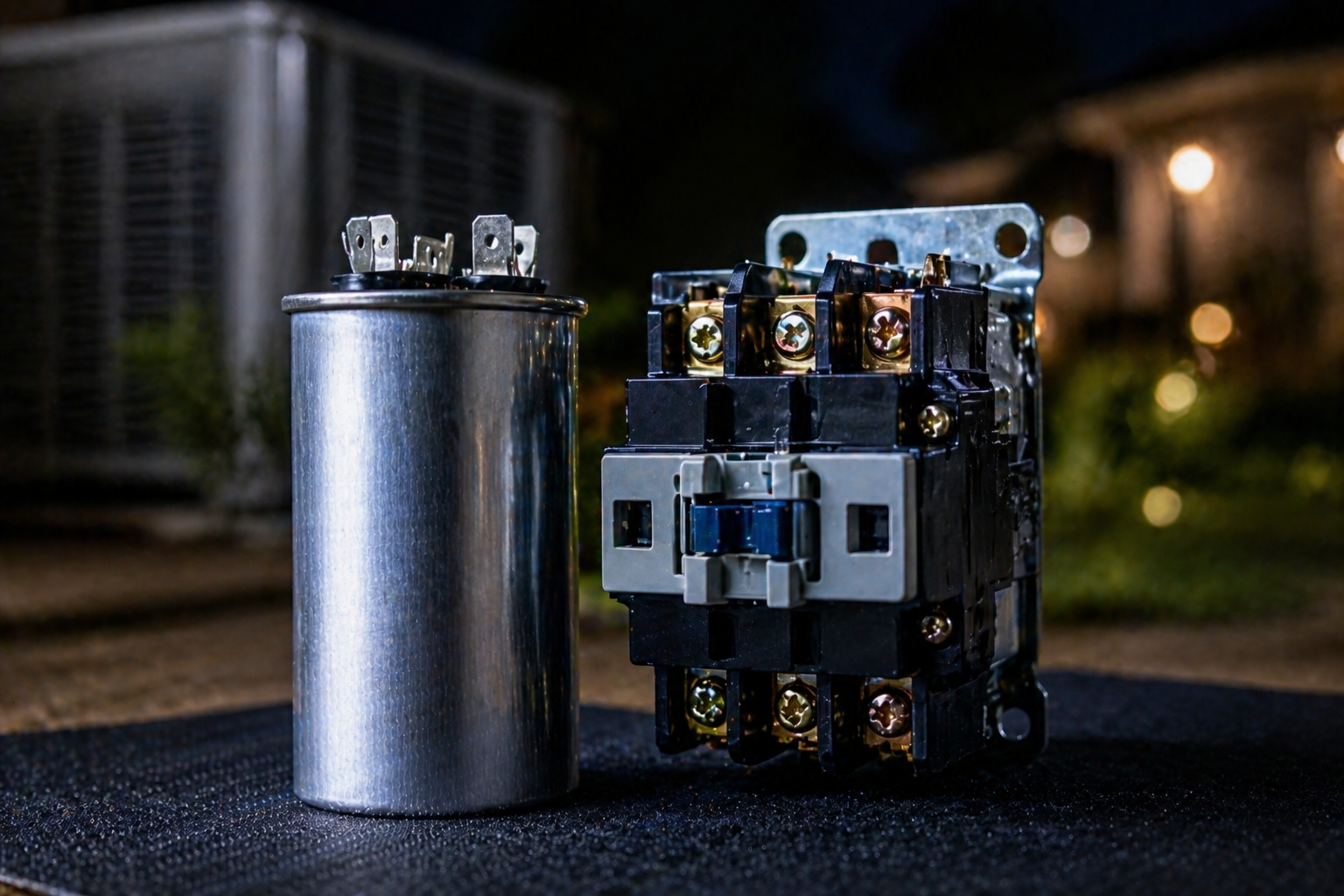 Metal capacitor and electrical relay on a dark surface, lit dramatically against a blurred background