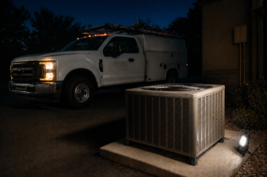 White utility truck parked at night beside a lit HVAC unit on a concrete pad