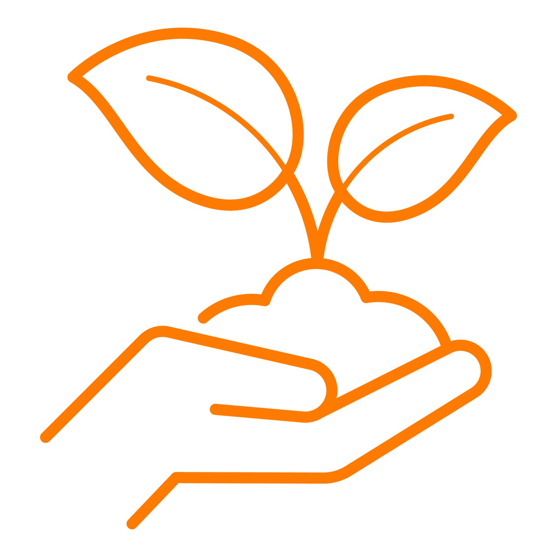 Main tenant de la terre avec une plante en germination, contour orange.