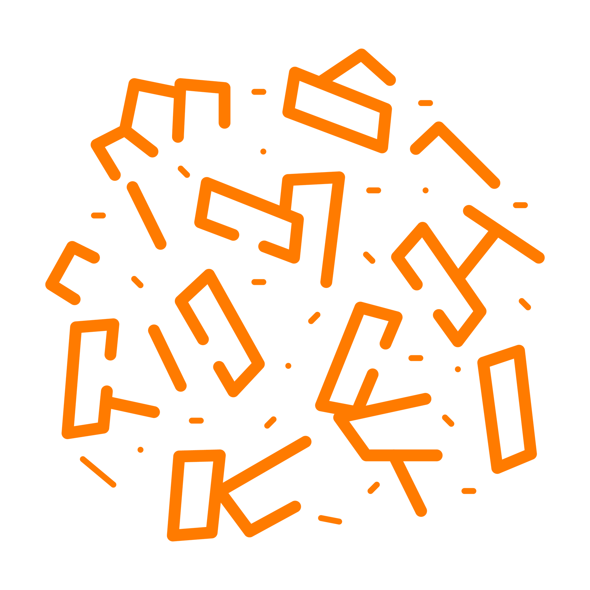 Formes abstraites orange disposées en cercle, certaines avec des lignes pointillées.