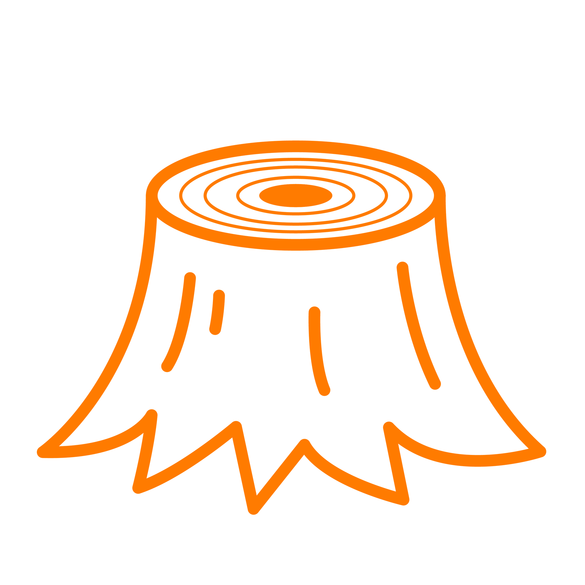 Illustration humoristique orange d'une souche d'arbre avec des cernes de croissance visibles.