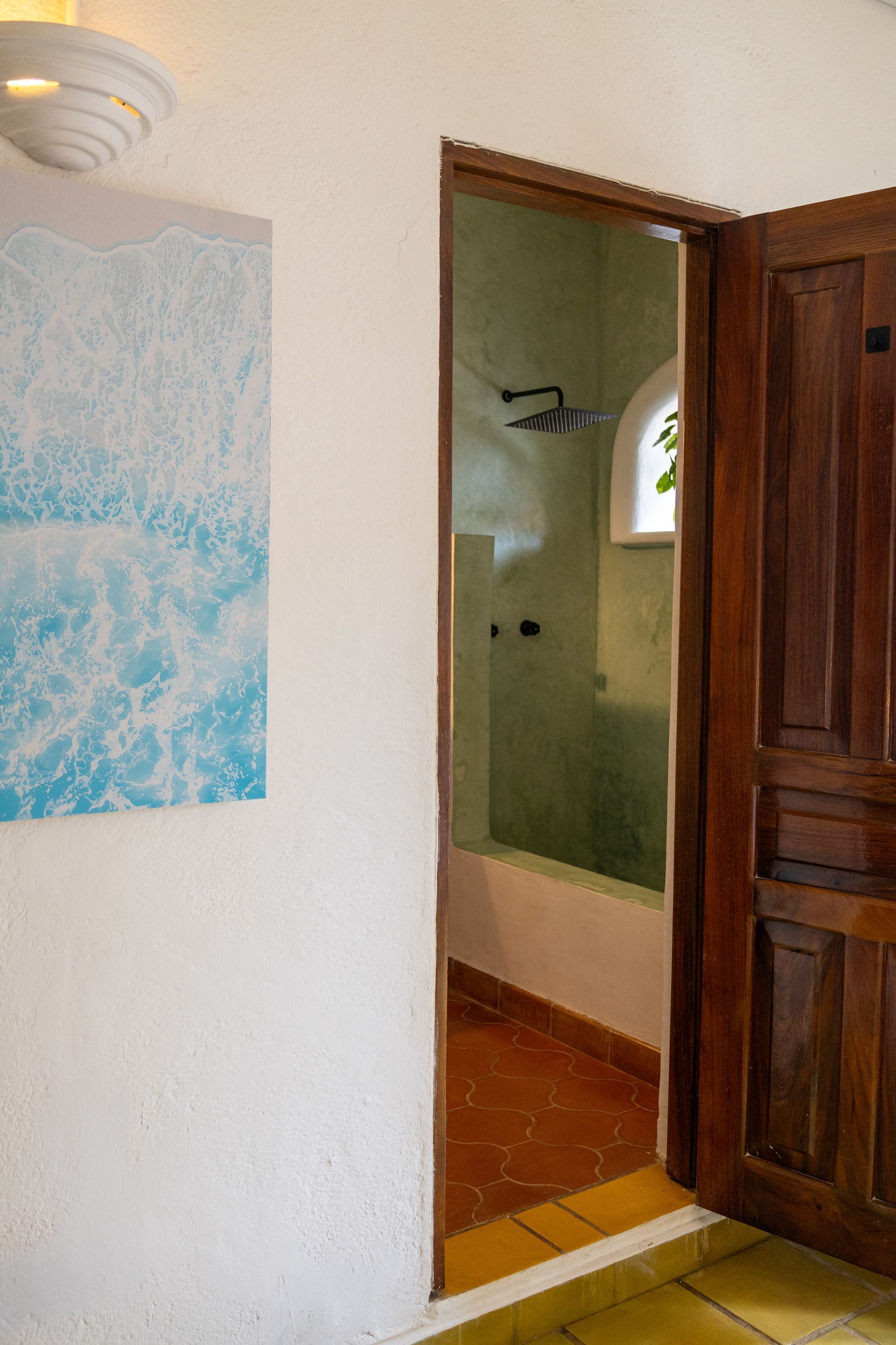 Puerta de baño con puerta de madera oscura abierta; vista de la ducha y la bañera.