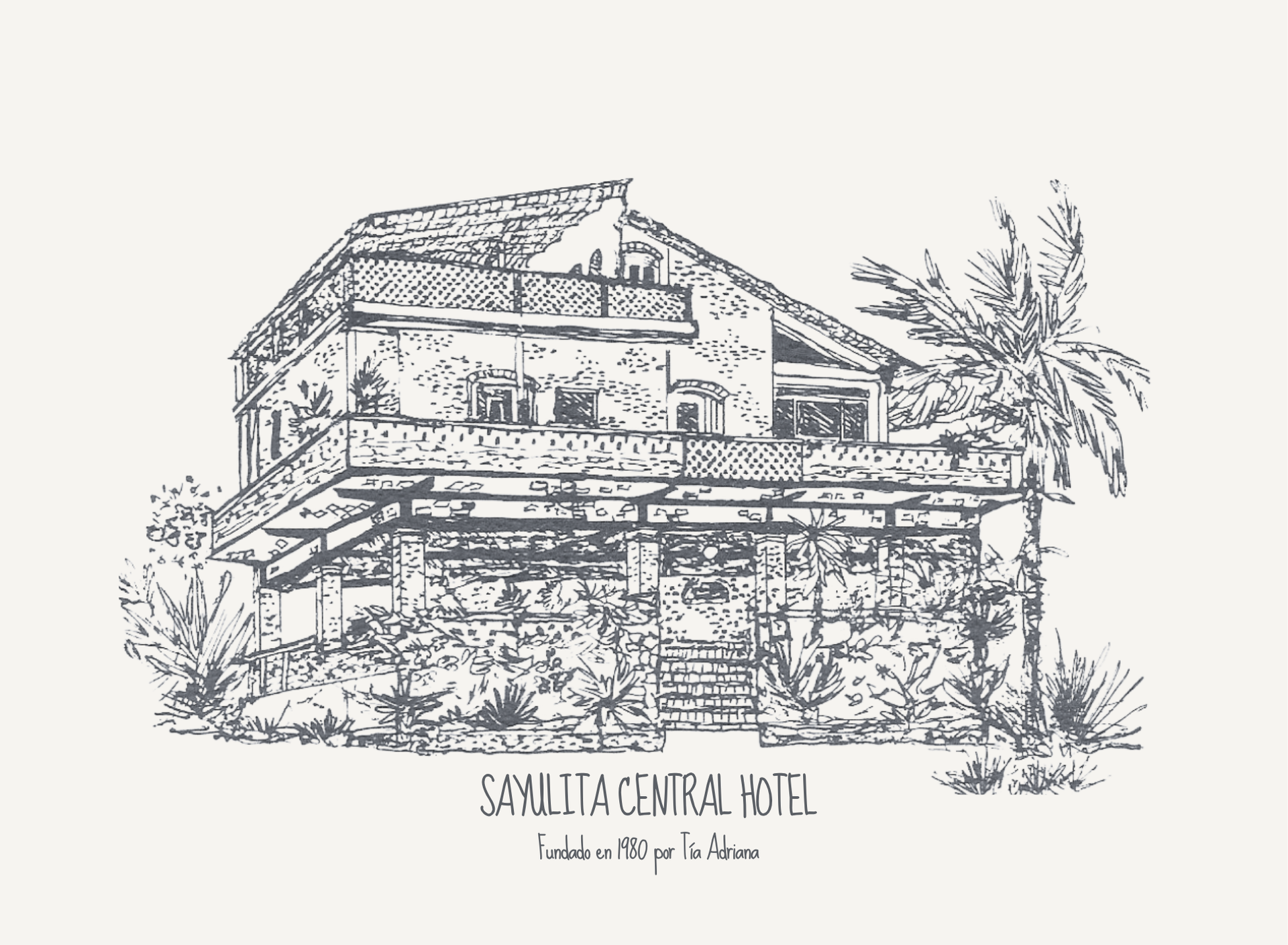 Motel Sayulita Central dibujado en tinta negra sobre fondo claro.