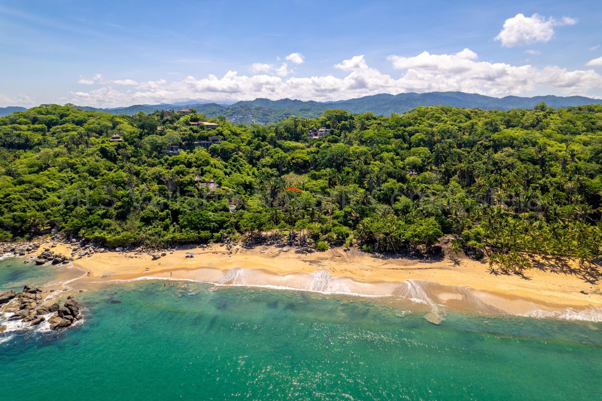 Vista aérea de playa con arena dorada, agua turquesa y exuberante jungla verde, bajo un cielo azul.
