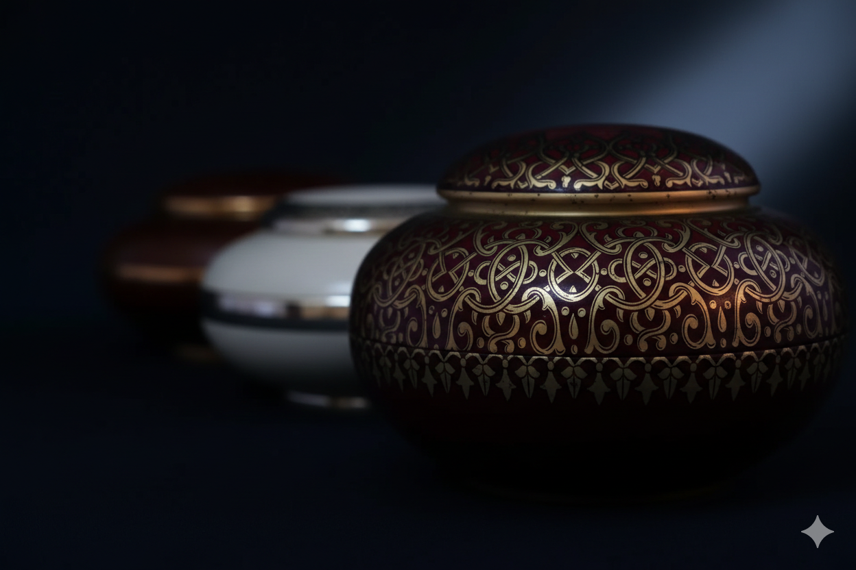 Tre urne decorative, rosso scuro, bianco e marrone, con accenti dorati su sfondo scuro.