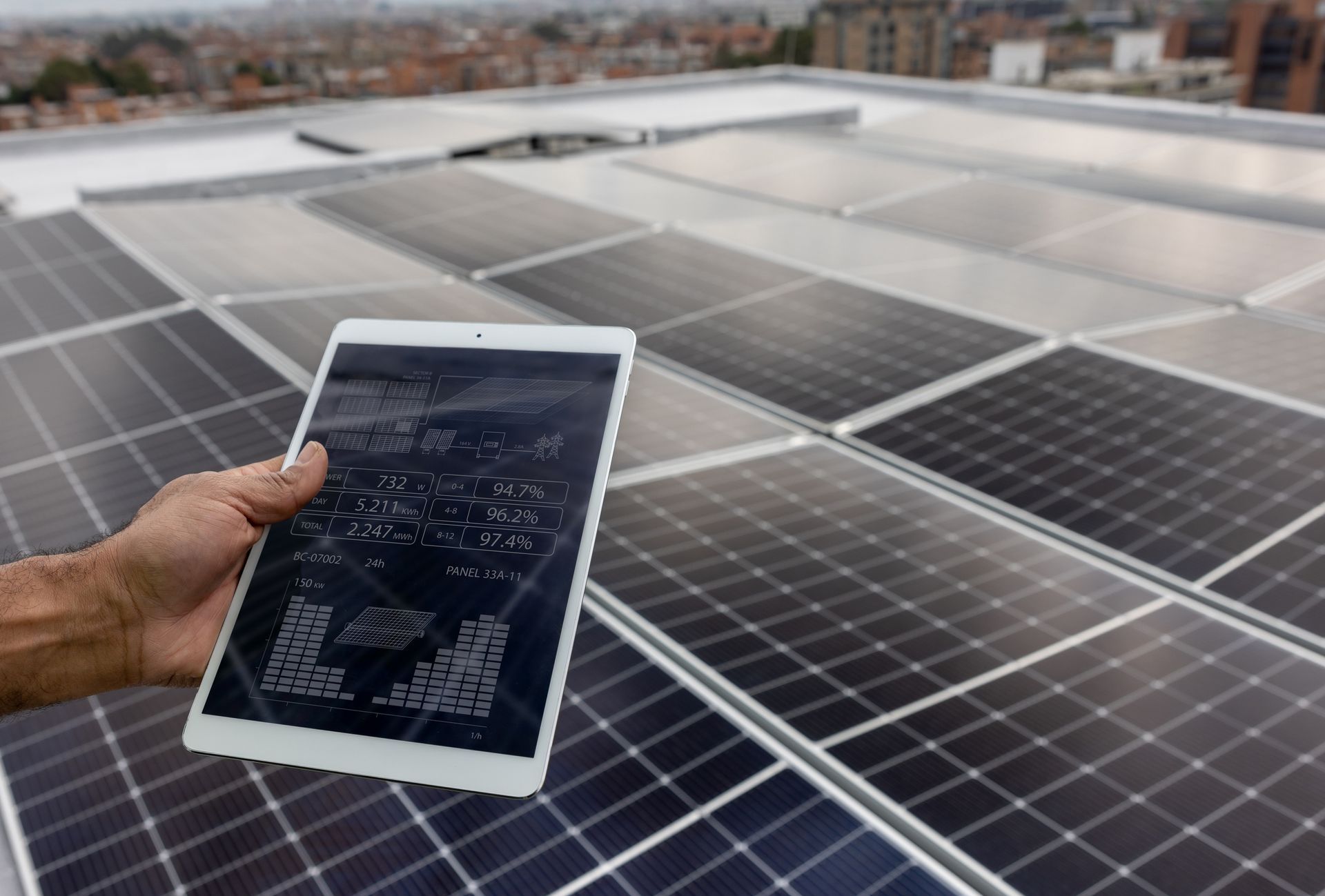 Una persona tiene in mano un tablet davanti a un tetto con pannelli solari.
