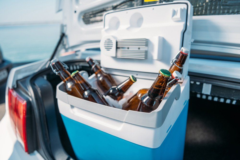 Close Up View Of Portable Fridge With Beer Standing In Car — Lakeside Gas Fridges In Argenton NSW