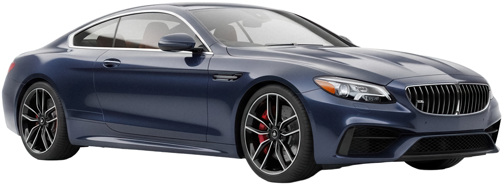 A dark blue two-door BMW coupe with sporty black wheels and red brake calipers, viewed from the front three-quarter angle.