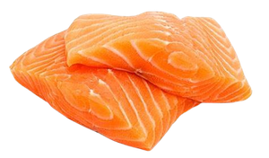 Two pieces of salmon are stacked on top of each other on a white background.