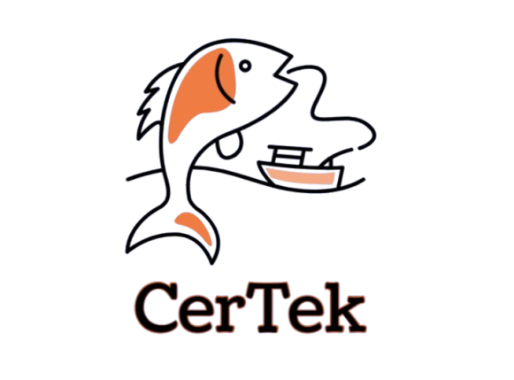 A logo for certek shows a fish and a boat