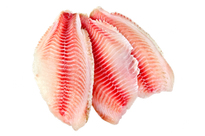 Three pieces of fish are stacked on top of each other on a white background.