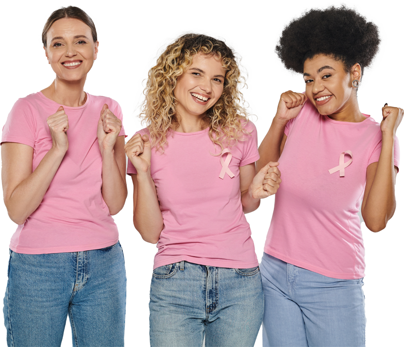 Three Women Wearing Pink Shirts With Pink Ribbons in Butner, NC