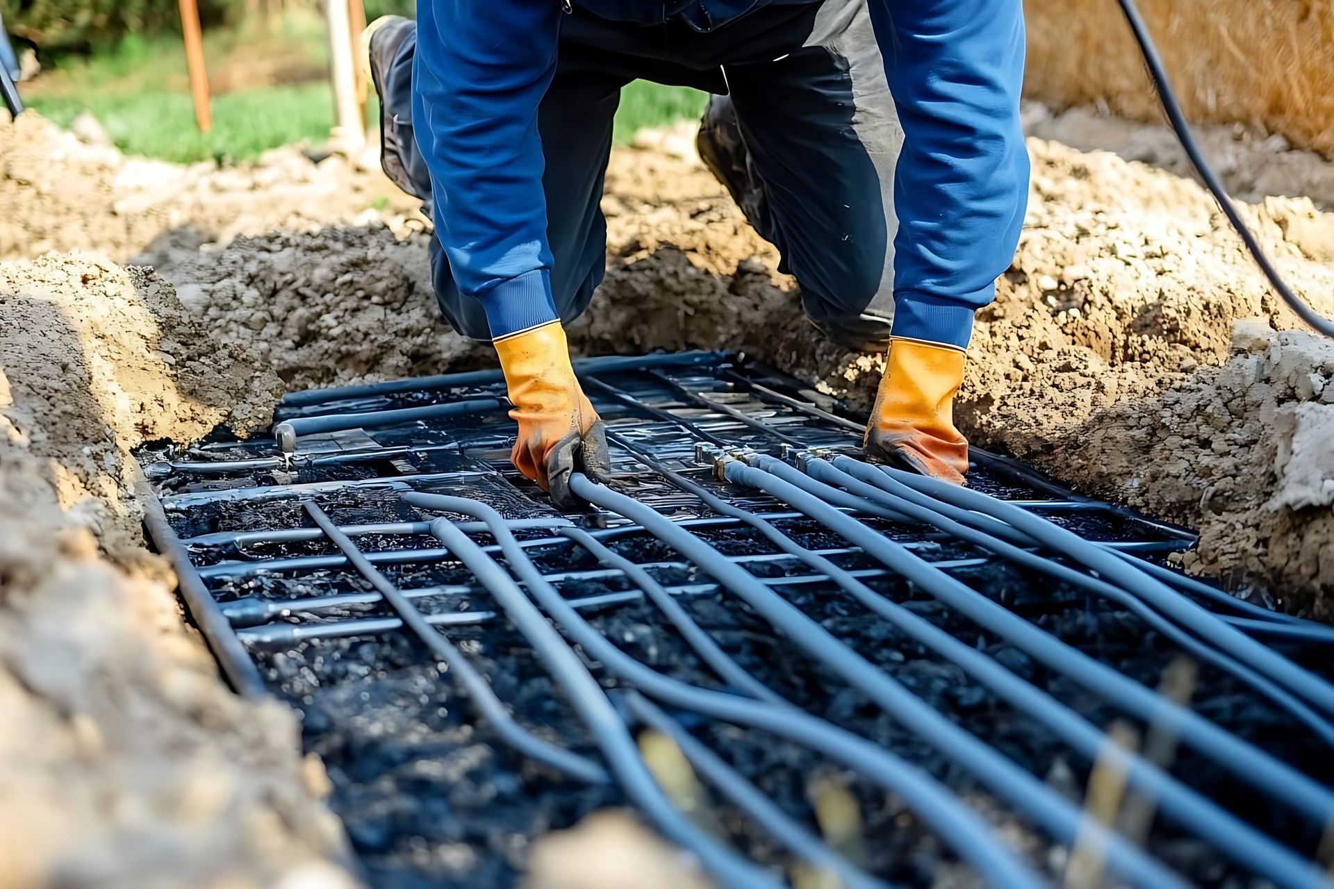 Worker installing underground heating or piping system in a trench with gloves on. Worker installing underground heating or piping system in a trench with gloves on.