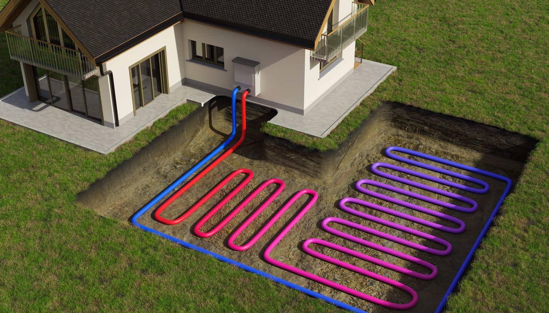 Diagram showing underground piping connected to a home for an efficient heating and cooling system. Diagram showing underground piping connected to a home for an efficient heating and cooling system.