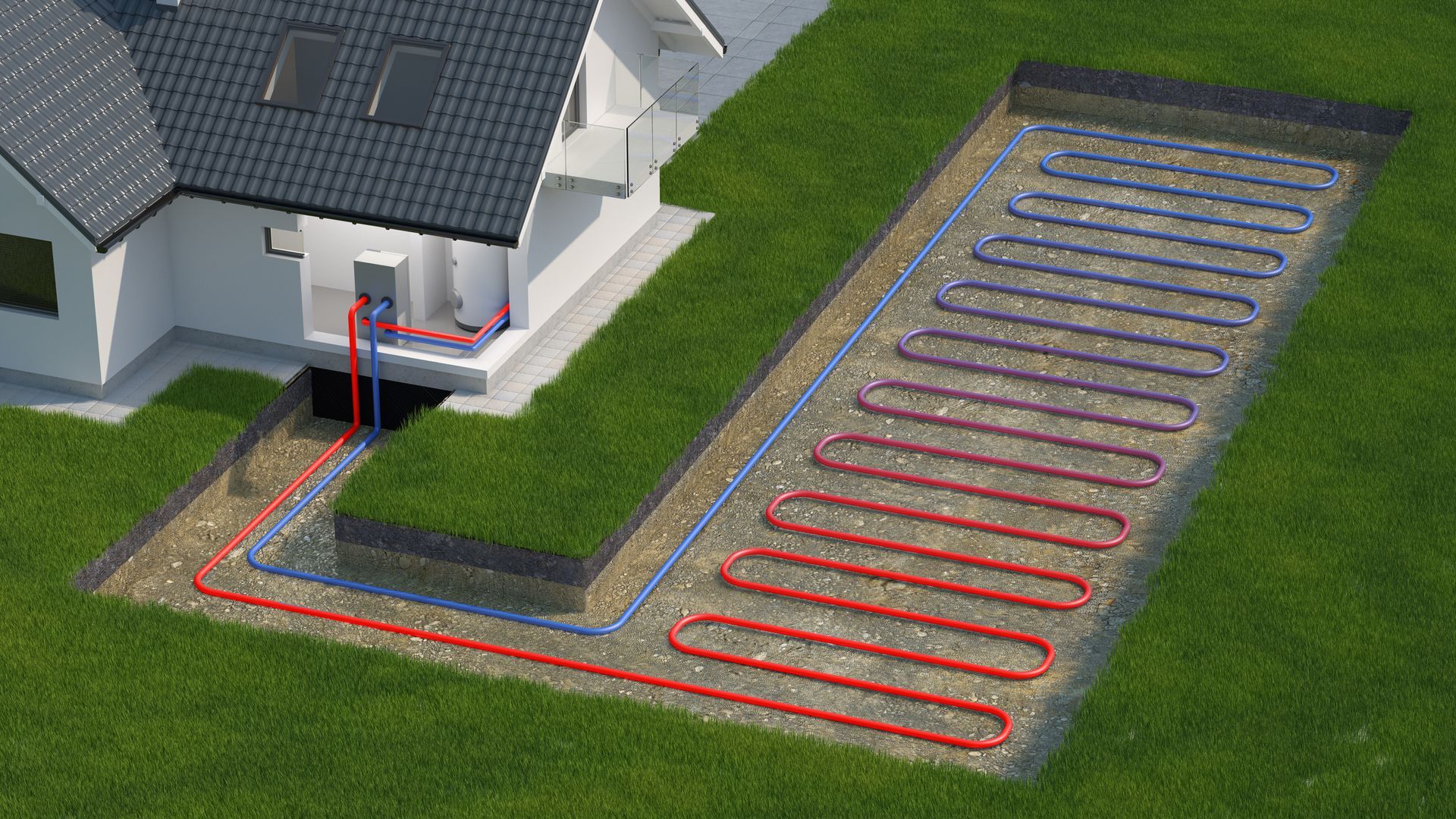 3D illustration of a ground heat pump diagram on a house, representing geothermal heating services.