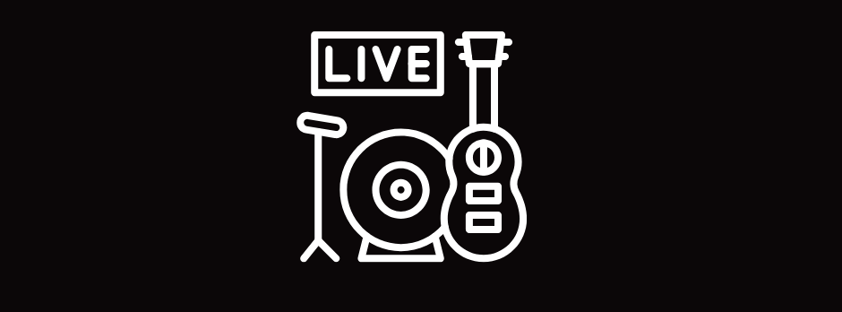 A line drawing of a guitar , drum set , and microphone on a black background.