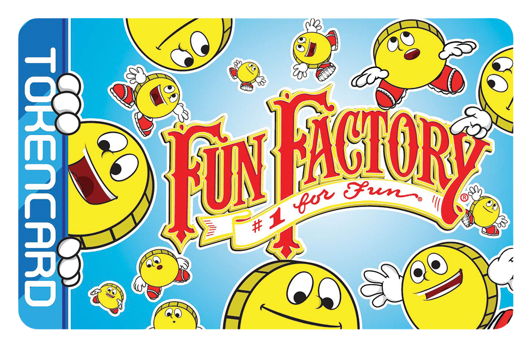 A fun factory token card with smiley faces on it