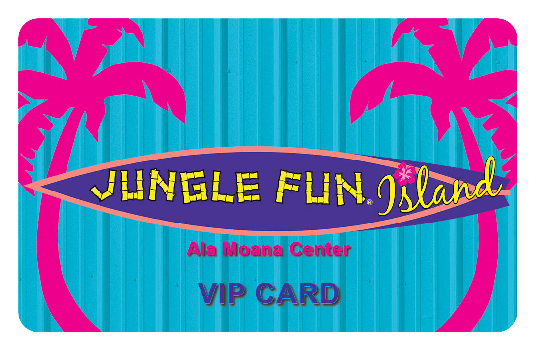 A jungle fun island vip card with palm trees on it