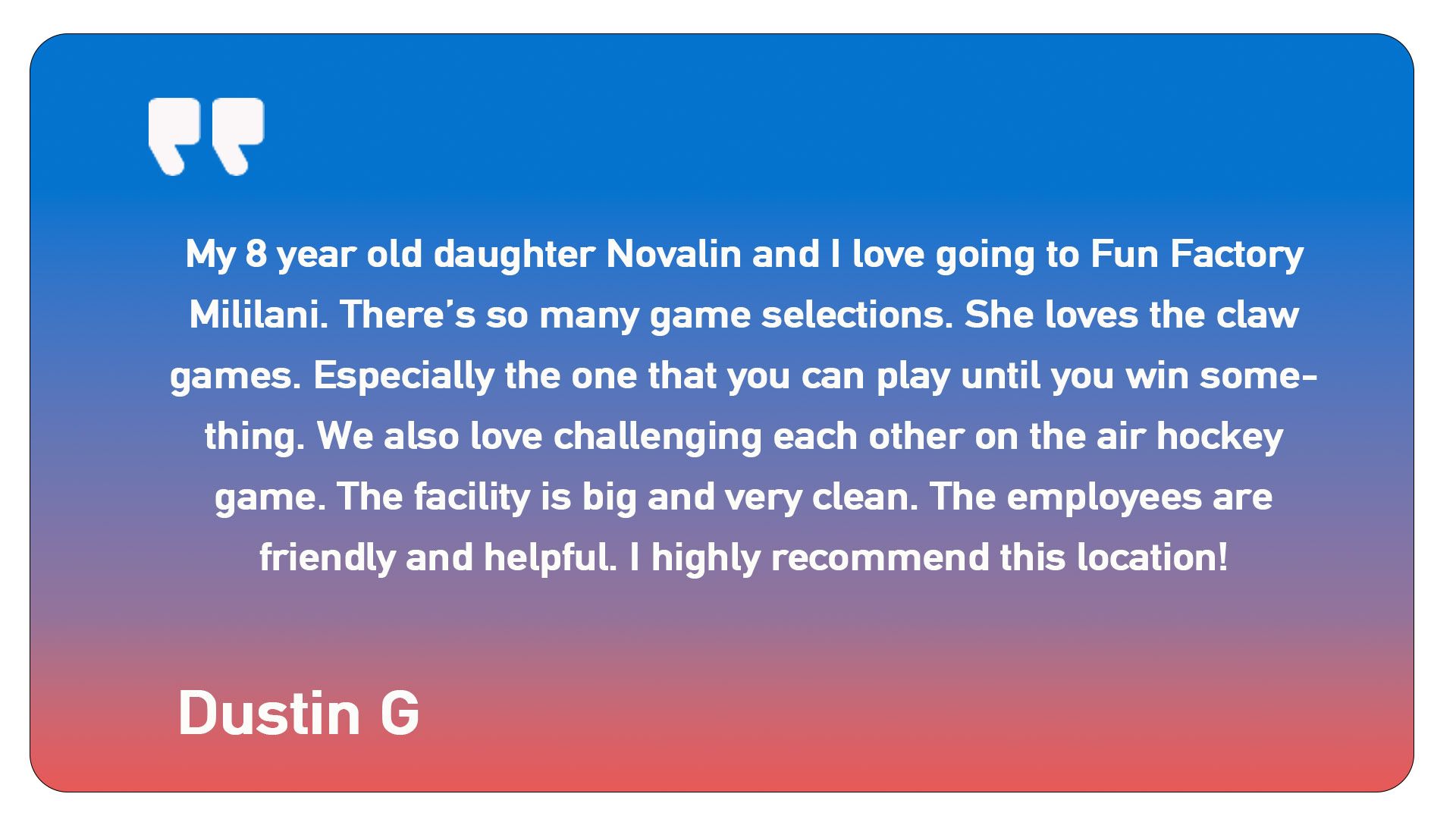 A quote from dustin g is on a blue and red background