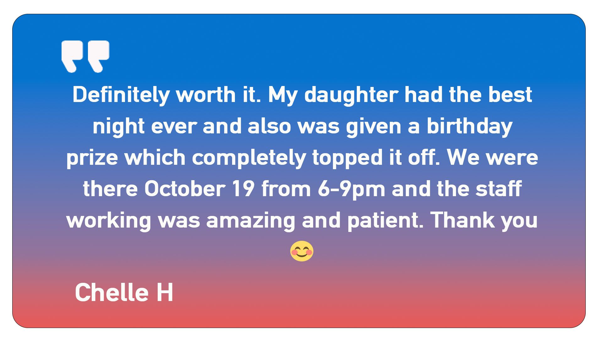 A quote from chelle h on a blue and red background