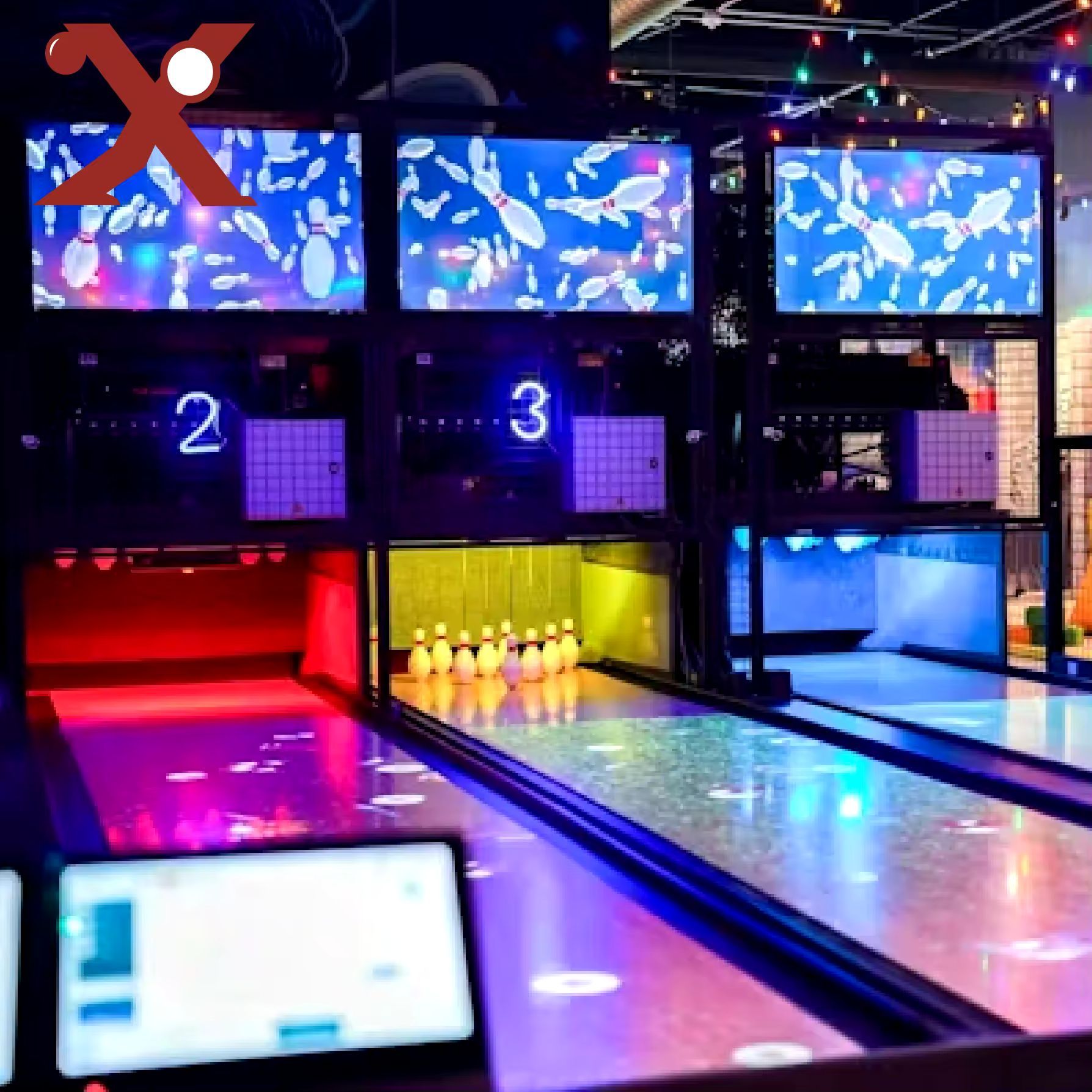 A bowling alley with a sign that says x on it