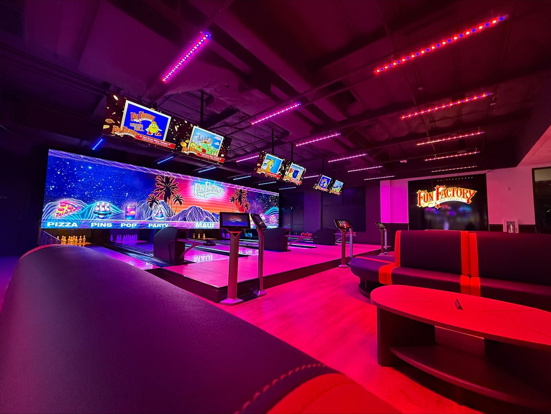 A bowling alley with a sign that says x on it