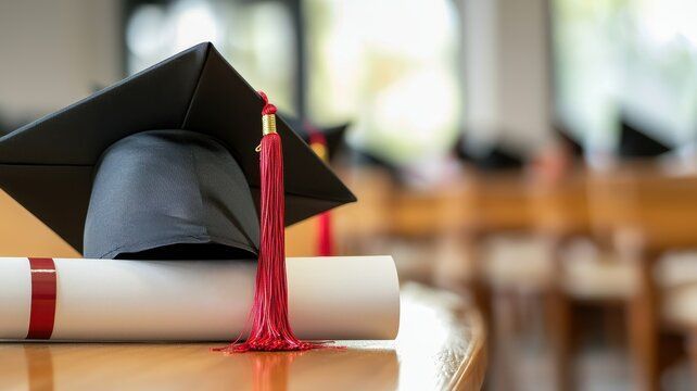 A graduation cap and diploma are sitting on a table.