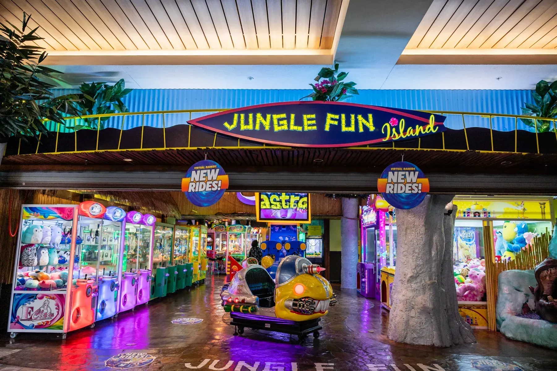 The inside of a jungle fun island amusement park.