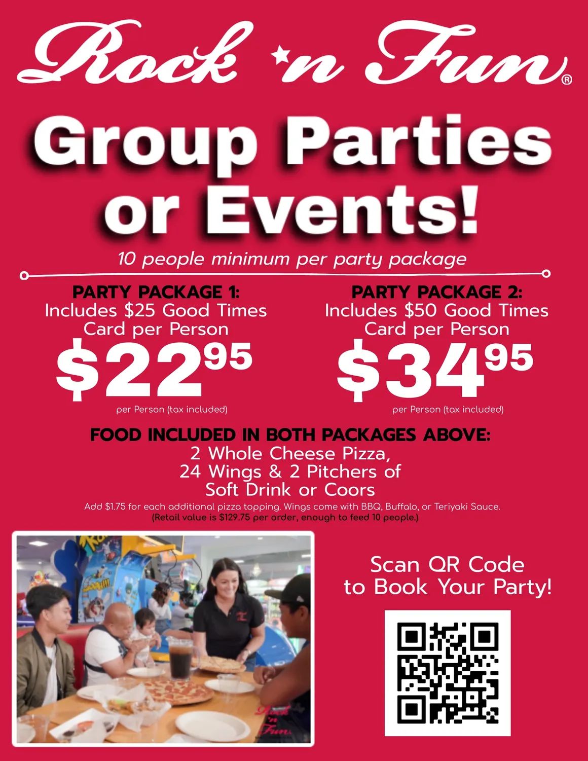 A poster for rock n fun group parties or events