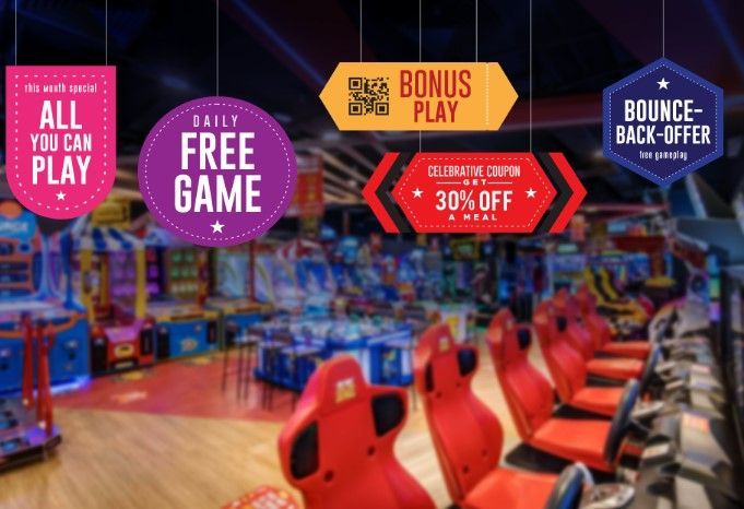 An arcade with signs that say free game bonus play and bounce back offer