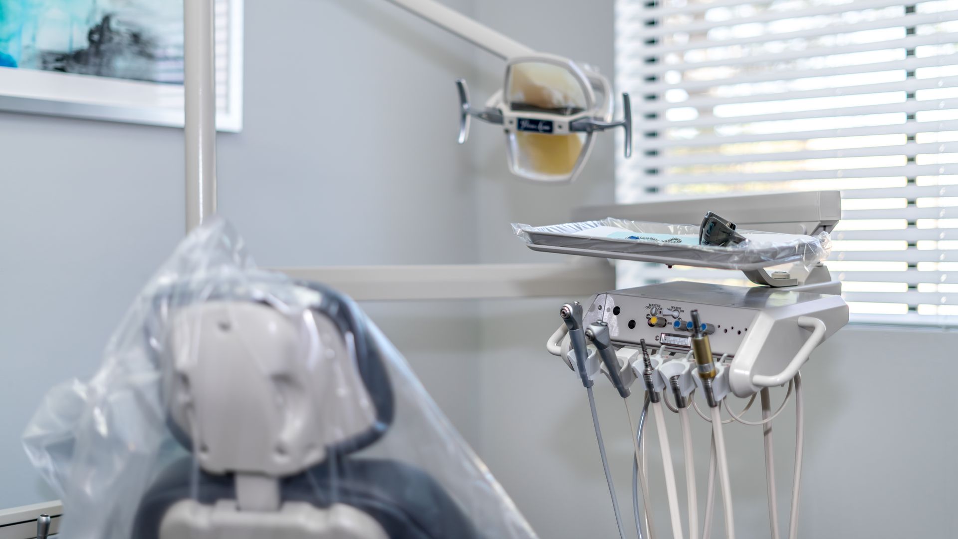 A close up of a dental chair in a dental office.