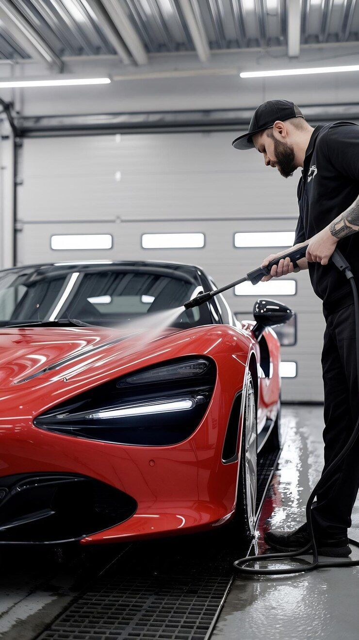A man is washing a red sports car with a high pressure washer.