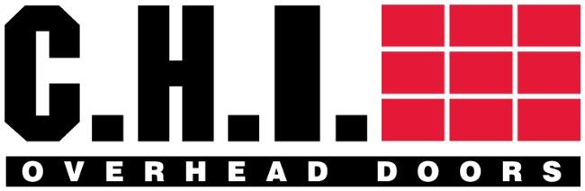CHI Overhead Doors logo: black letters and a red square grid on a white background.