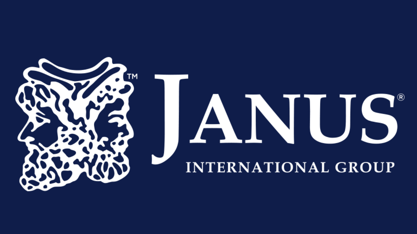 Logo for Janus International Group, featuring a white bust on the left and the name in white on a navy blue background.