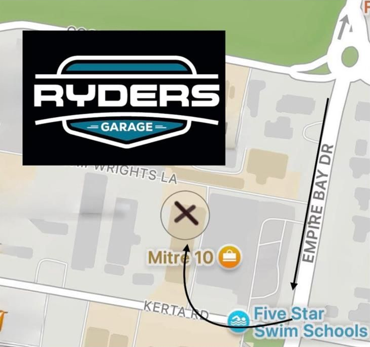 Map showing Ryder's Garage, Mitre 10, and Five Star Swim Schools near Empire Bay Drive.